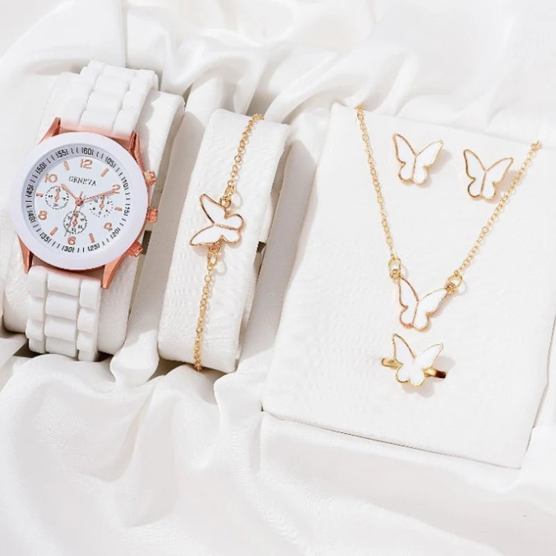5/6PCS Luxury Watch Women Ring Necklace Earrings Bracelet