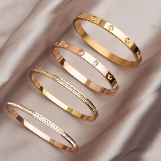 Htpwe Stainless Steel Diamond Ring Stacking Bracelet Women 18k Gold Plated Couple Holiday Gift Fashion Bracelet Party Jewelry