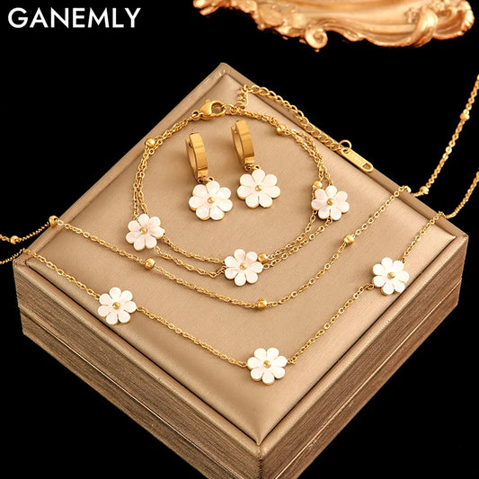 Stainless Steel Cute White Flowers Necklace Earrings
