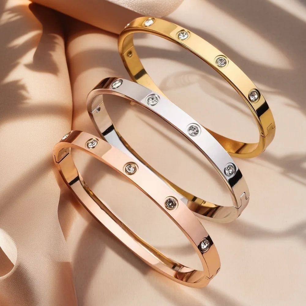 Htpwe Stainless Steel Diamond Ring Stacking Bracelet Women 18k Gold Plated Couple Holiday Gift Fashion Bracelet Party Jewelry