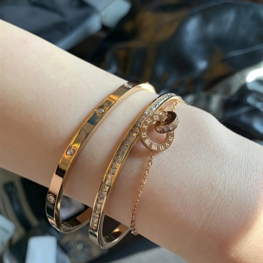 Htpwe Stainless Steel Diamond Ring Stacking Bracelet Women 18k Gold Plated Couple Holiday Gift Fashion Bracelet Party Jewelry